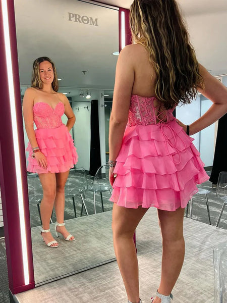 Strapless Hot Pink/Yellow/Lilac Lace Short Prom Dresses, Hot Pink/Yellow/Lilac Lace Homecoming Dresses, Hot Pink/Yellow/Lilac Formal Evening Dresses