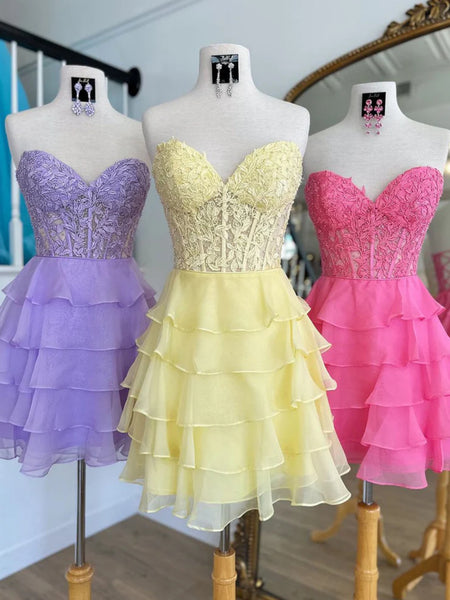 Strapless Hot Pink/Yellow/Lilac Lace Short Prom Dresses, Hot Pink/Yellow/Lilac Lace Homecoming Dresses, Hot Pink/Yellow/Lilac Formal Evening Dresses