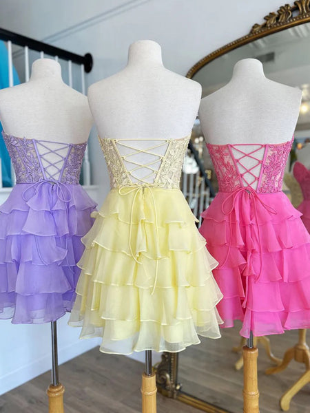 Strapless Hot Pink/Yellow/Lilac Lace Short Prom Dresses, Hot Pink/Yellow/Lilac Lace Homecoming Dresses, Hot Pink/Yellow/Lilac Formal Evening Dresses