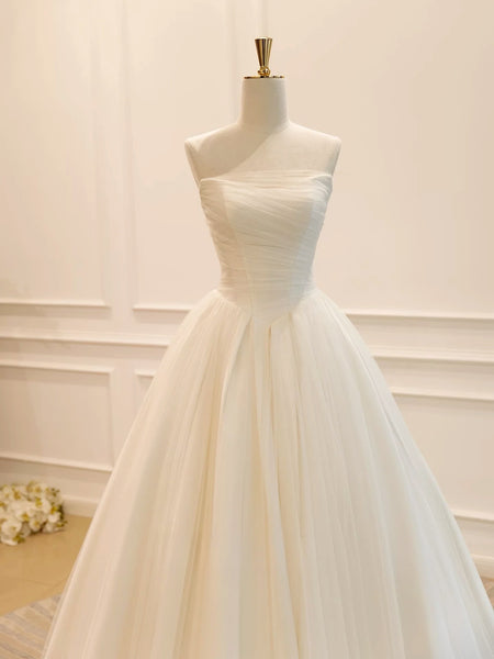 Strapless Ivory Tulle Wedding Dresses, Ivory Tulle Long Prom Dresses