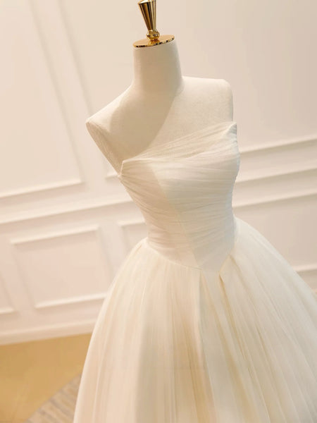 Strapless Ivory Tulle Wedding Dresses, Ivory Tulle Long Prom Dresses