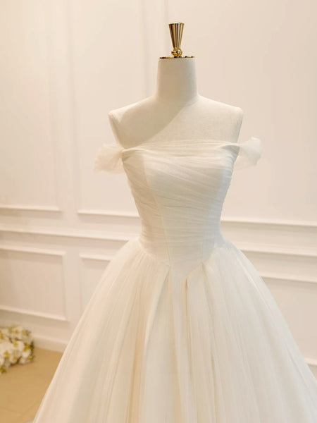 Strapless Ivory Tulle Wedding Dresses, Ivory Tulle Long Prom Dresses