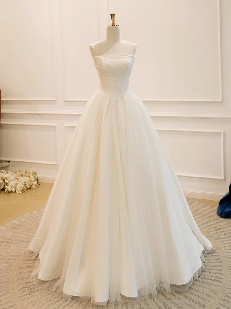 Strapless Ivory Tulle Wedding Dresses, Ivory Tulle Long Prom Dresses