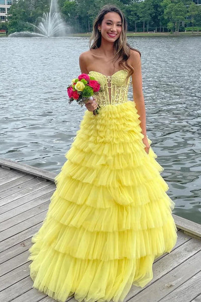 Strapless Layered Yellow Lace Long Prom Dresses, Yellow Lace Formal Dresses, Open Back Yellow Evening Dresses