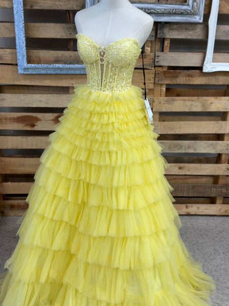 Strapless Layered Yellow Lace Long Prom Dresses, Yellow Lace Formal Dresses, Open Back Yellow Evening Dresses