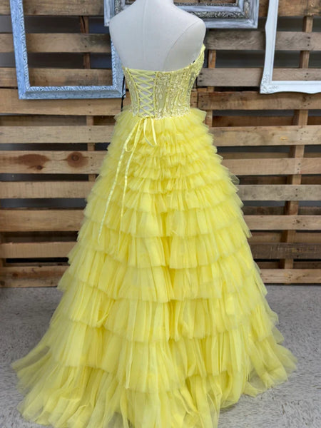 Strapless Layered Yellow Lace Long Prom Dresses, Yellow Lace Formal Dresses, Open Back Yellow Evening Dresses