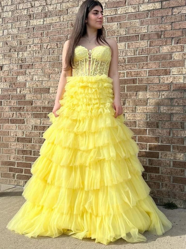 Strapless Layered Yellow Lace Long Prom Dresses, Yellow Lace Formal Dr jbydress Strapless Layered Yellow Lace Long Prom Dresses, Yellow Lace Formal Dr jbydress
