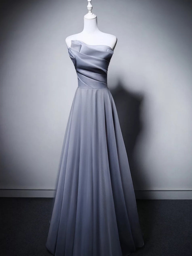 Strapless Light Gray Organza Long Prom Dresses, Light Gray Long Formal Evening Dresses