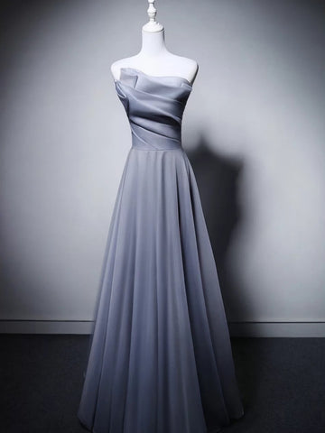 Strapless Light Gray Organza Long Prom Dresses, Light Gray Long Formal Evening Dresses