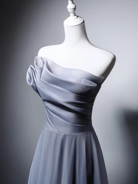 Strapless Light Gray Organza Long Prom Dresses, Light Gray Long Formal Evening Dresses