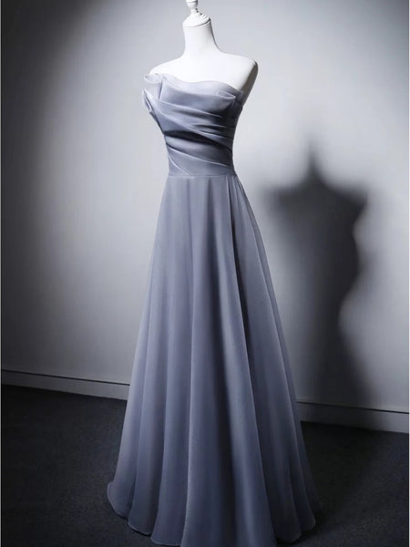 Strapless Light Gray Organza Long Prom Dresses, Light Gray Long Formal Evening Dresses