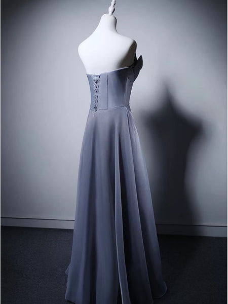 Strapless Light Gray Organza Long Prom Dresses, Light Gray Long Formal Evening Dresses