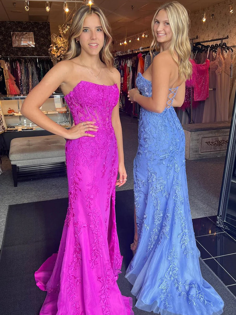 Strapless Magenta Blue Lace Mermaid Long Prom Dresses, Mermaid Lace Formal Evening Dresses
