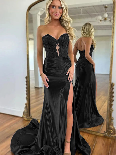 Strapless Navy Pink Black Green Purple Mermaid Lace Prom Dresses, Strapless Mermaid Lace Formal Evening Dresses