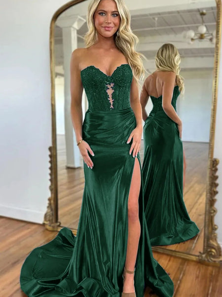 Strapless Navy Pink Black Green Purple Mermaid Lace Prom Dresses, Strapless Mermaid Lace Formal Evening Dresses