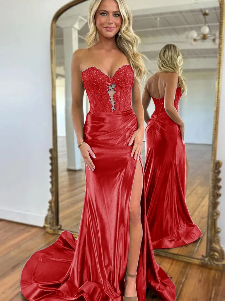Strapless Navy Pink Black Green Purple Mermaid Lace Prom Dresses, Stra jbydress Strapless Navy Pink Black Green Purple Mermaid Lace Prom Dresses, Stra jbydress