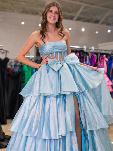 Strapless Organza Slit Prom Dress with Bow, Strapless Organza Blue Formal Evening Dresses