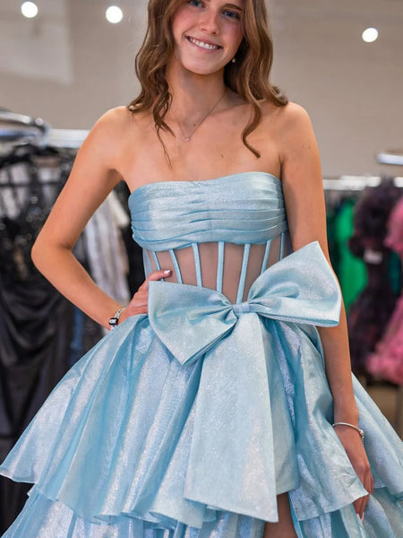 Strapless Organza Slit Prom Dress with Bow, Strapless Organza Blue Formal Evening Dresses