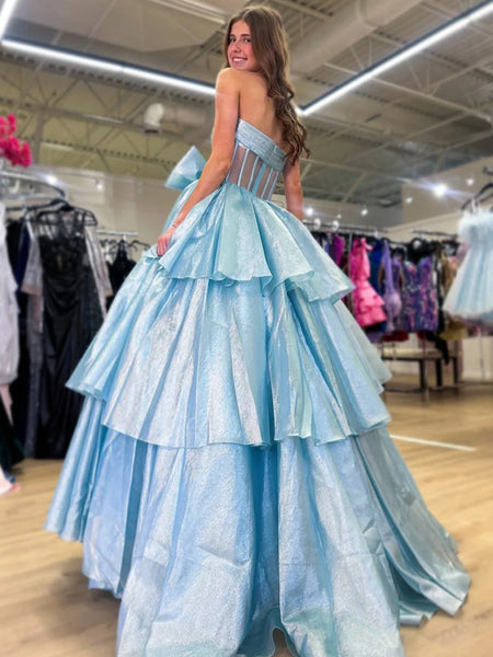 Strapless Organza Slit Prom Dress with Bow, Strapless Organza Blue Formal Evening Dresses