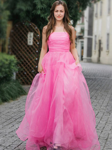 Strapless Pink Layered High Low Prom Dresses, Pink Layered High Low Formal Evening Dresses