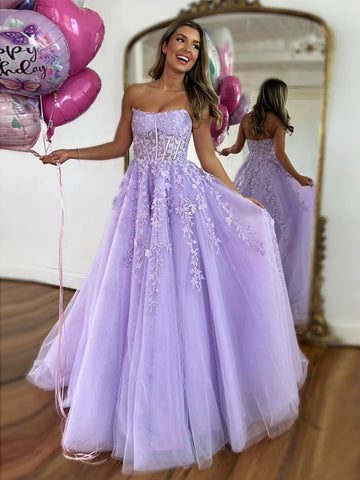 Strapless Purple Lace Prom Dresses, Purple Lace Formal Evening Dresses