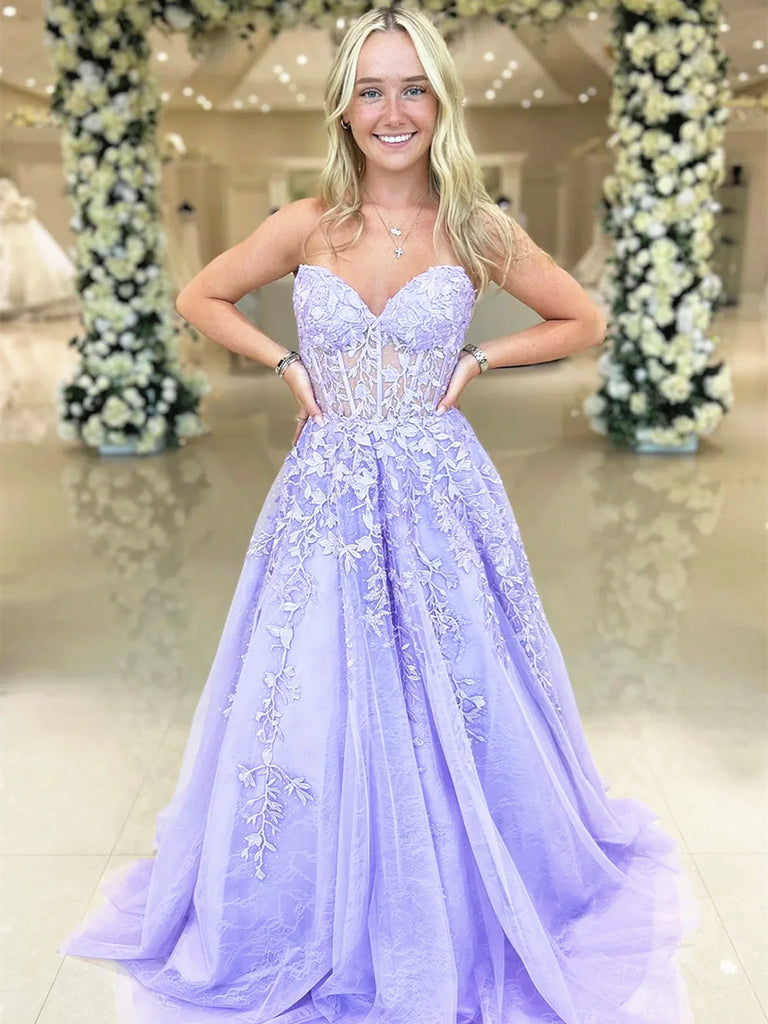 Strapless Purple Lace Prom Dresses, Purple Lace Long Formal