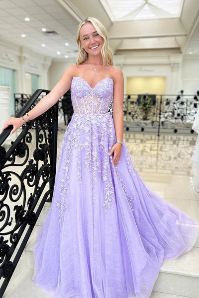 Strapless Purple Lace Prom Dresses, Purple Lace Long Formal Evening Dresses