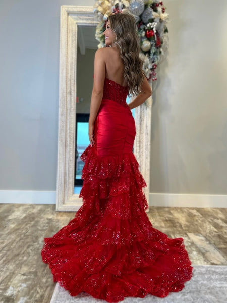 Strapless Red Blue Mermaid Lace Layered Prom Dresses, Mermaid Lace Formal Evening Dresses