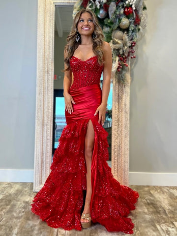 Strapless Red Blue Mermaid Lace Layered Prom Dresses, Mermaid Lace Formal Evening Dresses