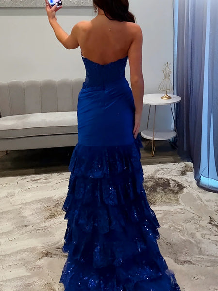 Strapless Red Blue Mermaid Lace Layered Prom Dresses, Mermaid Lace Formal Evening Dresses