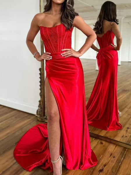 Strapless Red Mermaid Lace Prom Dresses, Red Mermaid Lace Formal Evening Dresses