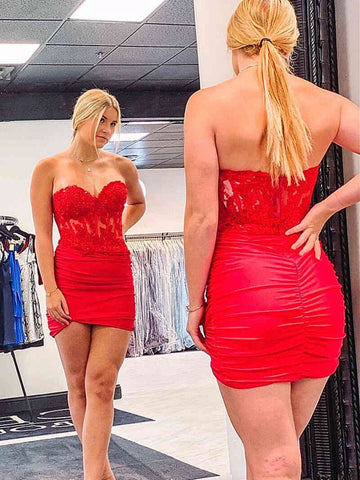 Strapless Red Pink Black Short Lace Prom Dresses, Short Red Pink Black Lace Graduation Formal Dresses