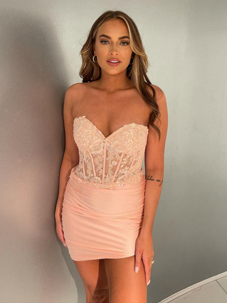 Strapless Red Pink Black Short Lace Prom Dresses, Short Red Pink Black Lace Graduation Formal Dresses