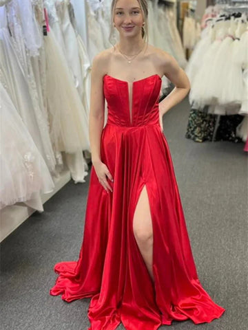 Strapless Red V Neck Long Prom Dresses, Strapless Red V Neck Long Formal Evening Dresses