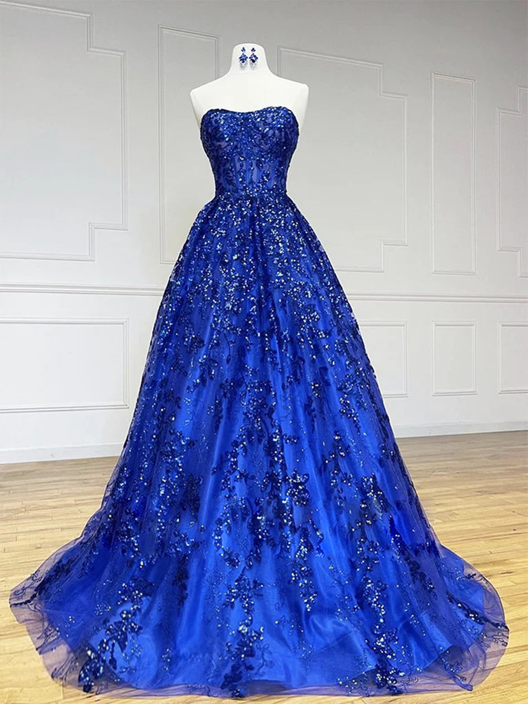 Strapless Royal Blue Lace Long Prom Dresses, Royal Blue Lace Formal Evening Dresses