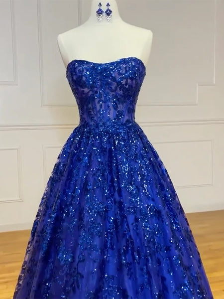 Strapless Royal Blue Lace Long Prom Dresses, Royal Blue Lace Formal Evening Dresses
