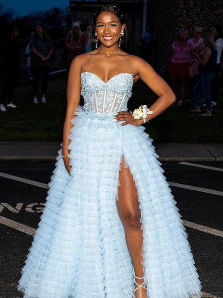 Strapless Ruffle Light Blue Lace Long Prom Dresses with High Slit, Light Blue Lace Formal Evening Dresses