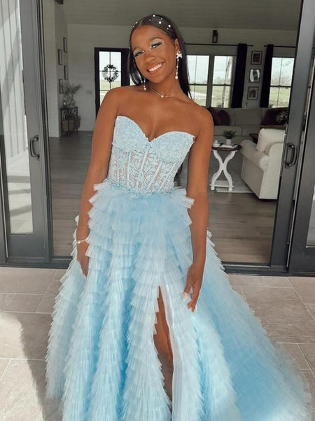 Strapless Ruffle Light Blue Lace Long Prom Dresses with High Slit, Light Blue Lace Formal Evening Dresses