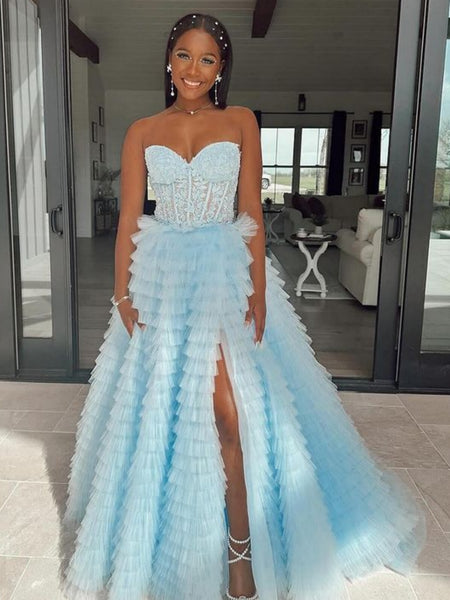 Strapless Ruffle Light Blue Lace Long Prom Dresses with High Slit, Light Blue Lace Formal Evening Dresses