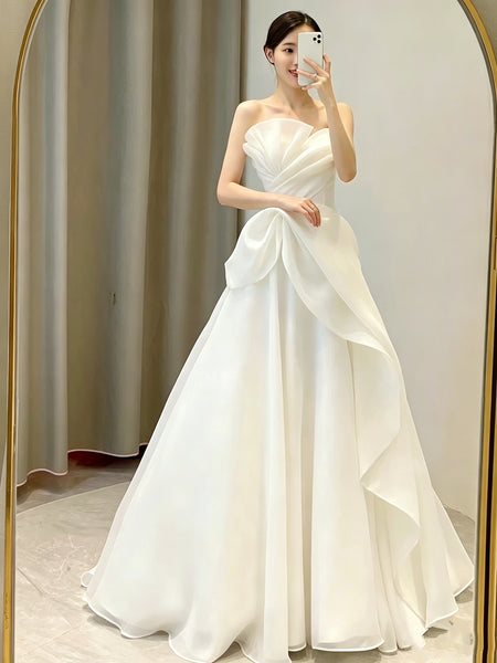 Strapless Satin Ivory Wedding Dress with 3D Ruffle, Custom Made A Line Ivory Satin Bridal Gowns