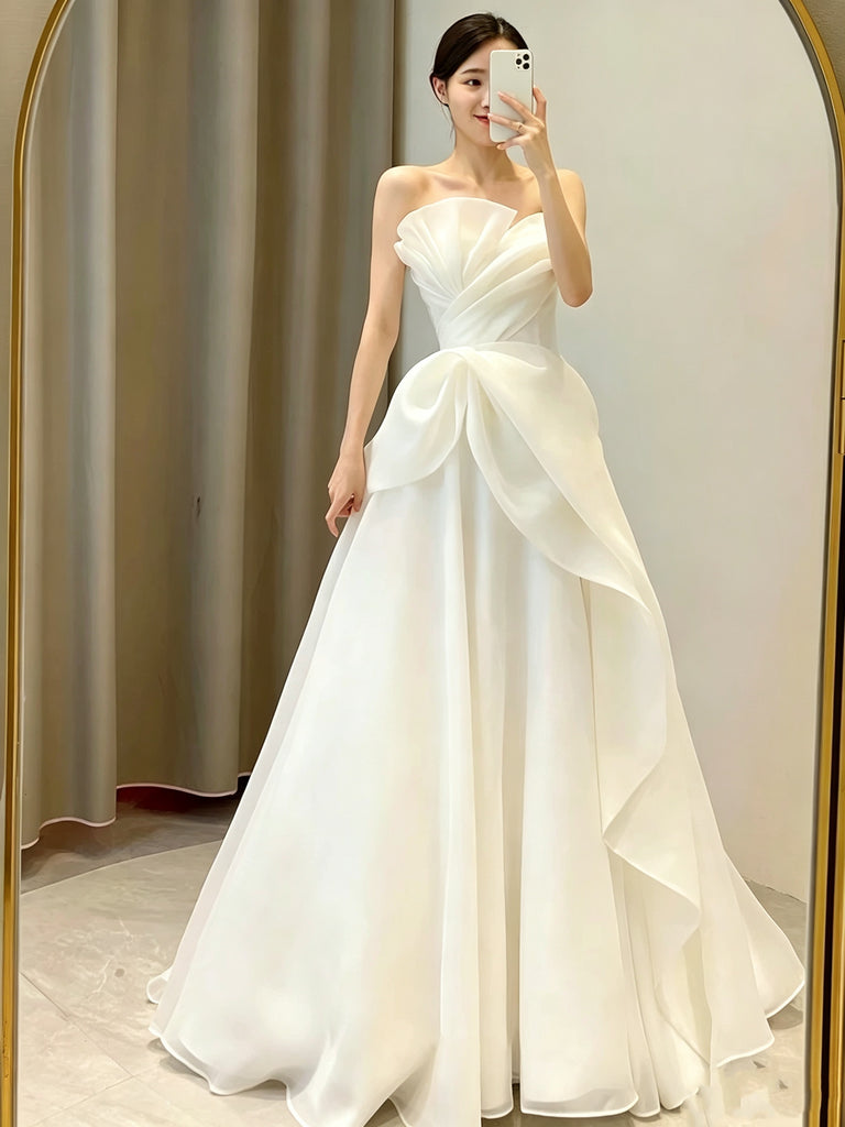 Strapless Satin Ivory Wedding Dress with 3D Ruffle, Custom Made A Line Ivory Satin Bridal Gowns