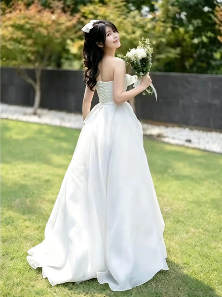 Strapless Satin Ivory Wedding Dress with 3D Ruffle, Custom Made A Line Ivory Satin Bridal Gowns