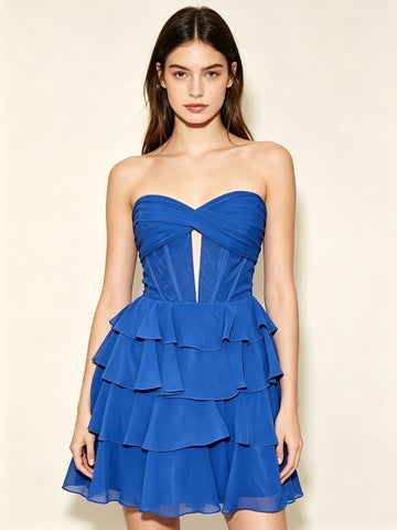 Strapless Short Cut Out Royal Blue Prom Dresses with Ruffles, Short Royal Blue Ruffles Homecoming Dresses