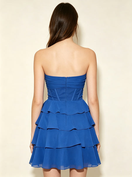 Strapless Short Cut Out Royal Blue Prom Dresses with Ruffles, Short Royal Blue Ruffles Homecoming Dresses