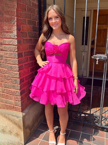 Strapless Short Hot Pink Yellow Layered Prom Dresses, Short Pink Yellow Formal Homecoming Dresses