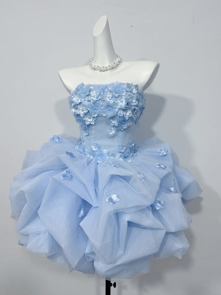 Strapless Short Light Blue Floral Prom Dresses, Short 3D Floral Light Blue Formal Dresses