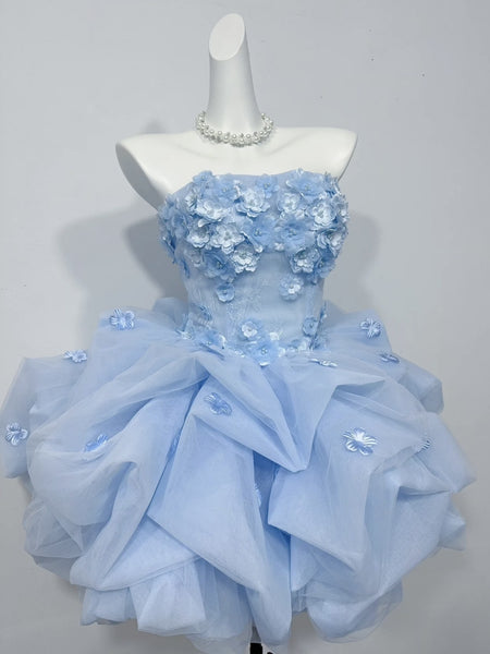 Strapless Short Light Blue Floral Prom Dresses, Short 3D Floral Light Blue Formal Dresses