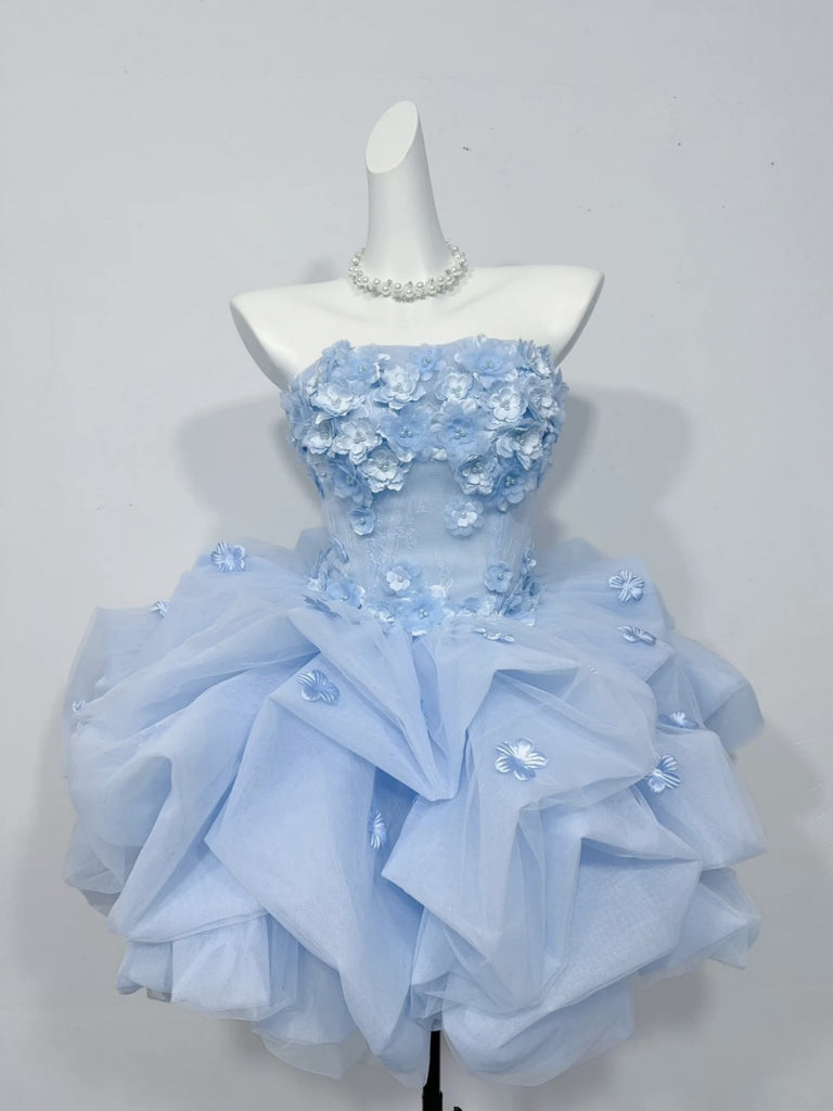 Strapless Short Light Blue Floral Prom Dresses, Short 3D Floral Light Blue Formal Dresses