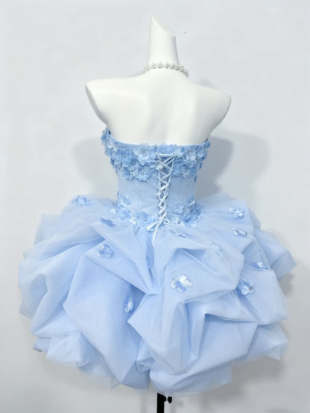 Strapless Short Light Blue Floral Prom Dresses, Short 3D Floral Light Blue Formal Dresses