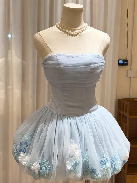 Strapless Short Light Blue Floral Prom Dresses, Short Light Blue Floral Formal Homecoming Dresses